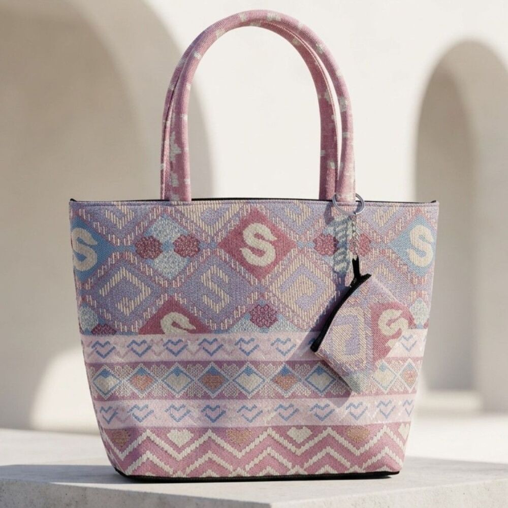 Boho Geometric Tapestry Jacquard Tote Bag Pink Woven Purse with Coin Pouch